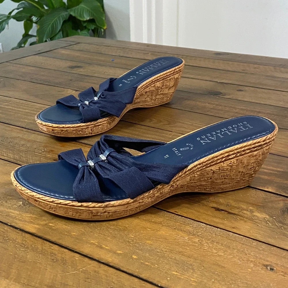 Italian Shoemakers Navy Blue Wedge‎ Sandals Knotted Strap Slides Womens 11 Italy